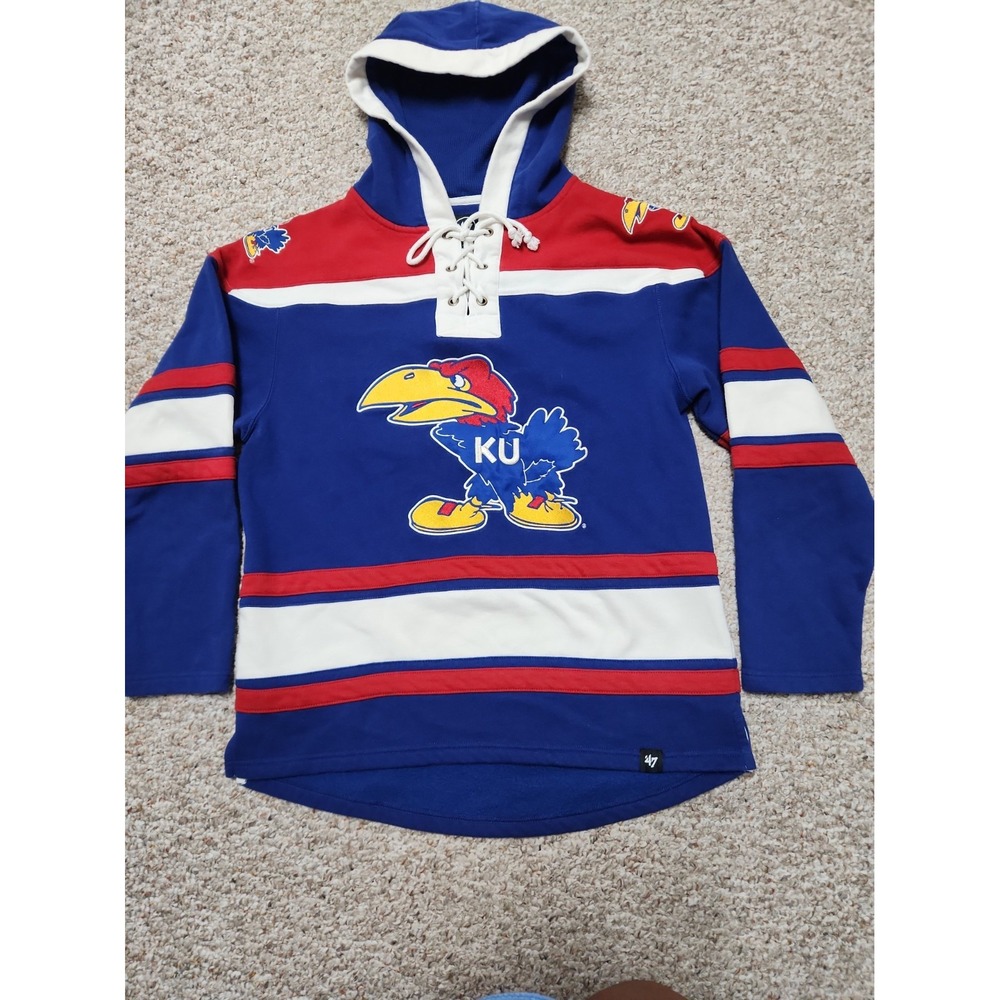 47 Brand NCAA Kansas Jayhawks Lace Up Hockey Style Jersey Hoodie Blue Small